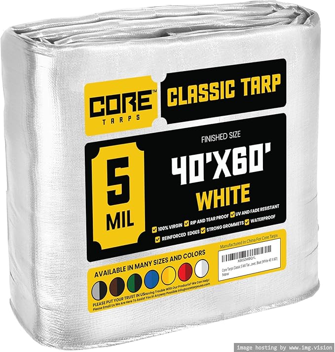 Core Tarps Classic 5 Mil Tarp Cover, Waterproof, UV Resistant, Rip and Tear Proof, Poly Tarpaulin with Reinforced Edges for Roof, Camping, Patio, Pool Cover, Boat (White 40′ X 60′)