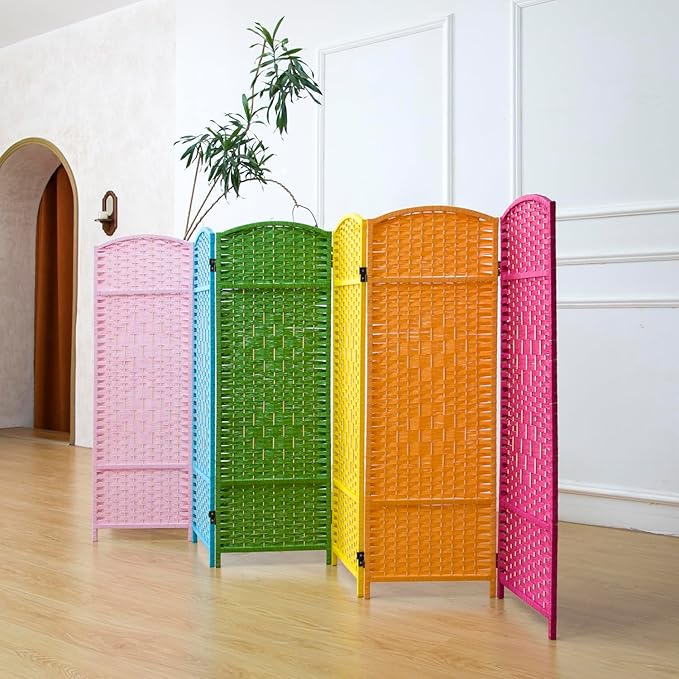 6 Panel Rattan Divider Short Room Partition Screen,Double Sided Folding Divider for Room Separation,Colorful,47.2" H x 94.5" W
