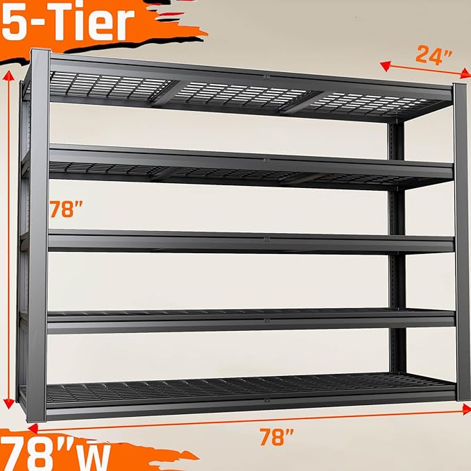 5-Tier Storage Shelves, 78" W Garage Shelving Heavy Duty Metal Adjustable Garage Shelves, Shelving Units Industrial Shelving for Warehouse, 78" W x 24" D x 78" H,2 Pack
