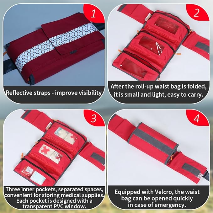 Empty First Aid Waist Bag Molle Medical Pouch with Belt, EMS Fanny Pack with Three-piece System,IFAK Medical Bag for Camping,Hiking or Traveling (Red)