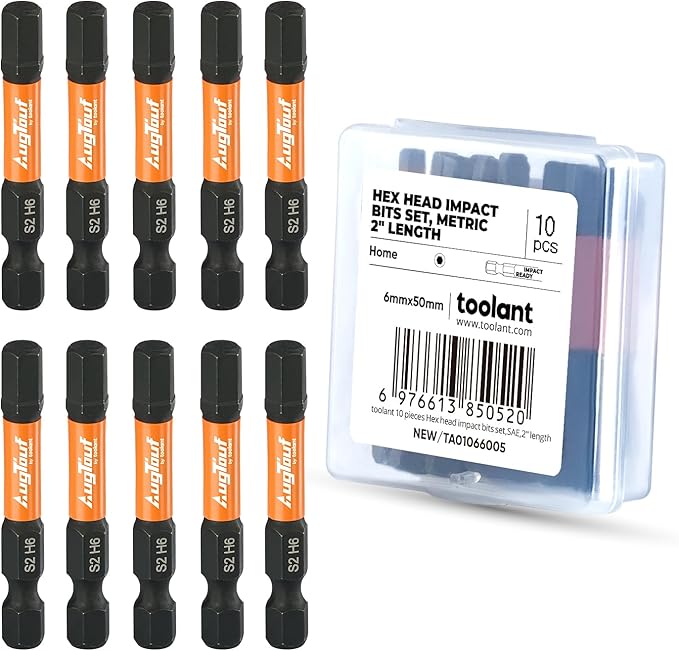 toolant 6mm Impact Hex Bits Set 10pcs, 1/4” Hex-Shank Allen Wrench Drill Bit Set,S2 Steel, CNC Machined Tips with Magnetism, 2” Long with Storage Box