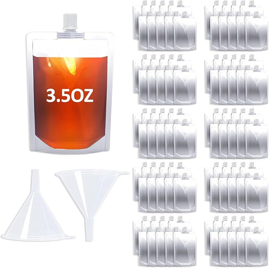 3.5OZ 100PCS Drink Pouches,Reusable Plastic Flask with Funnel for Drinking Liquid Beverage Juice,Stand Up Drink Bags for Travel Camping Outdoor Sport Concert Events,Leak-Proof Food Grade