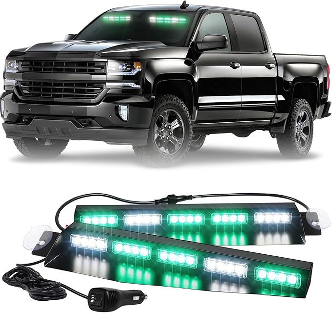 XRIDONSEN Green White Emergency Visor Lights Interior Front Windshield Strobe Lights Bar Warning Flashing Safety Hazard for Firefighter Vehicles Trucks w/Take Down, Deck Split Mount (34 inch, 40 LED)