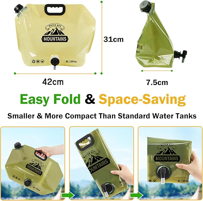 Camping Water Jug 8L/2.1 Gallon,Portable Folding Water Bag with Spigot and Handle, BPA Free Large Capacity Water Storage Carrier for Camping, Hiking, Outdoor, Emergency (Green, 8L)