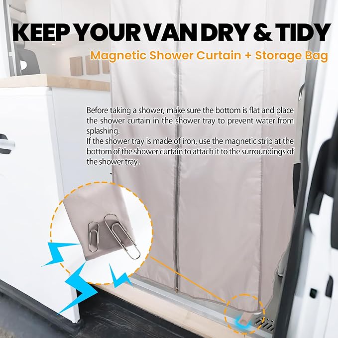 Camper Van Shower Curtain 72in Height, RV Hidden Shower Privacy Curtain with Magnetic Stickers, Interior Shower Curtain for Bench Shower, Collapsible Square Shower (30" W x 72" H)