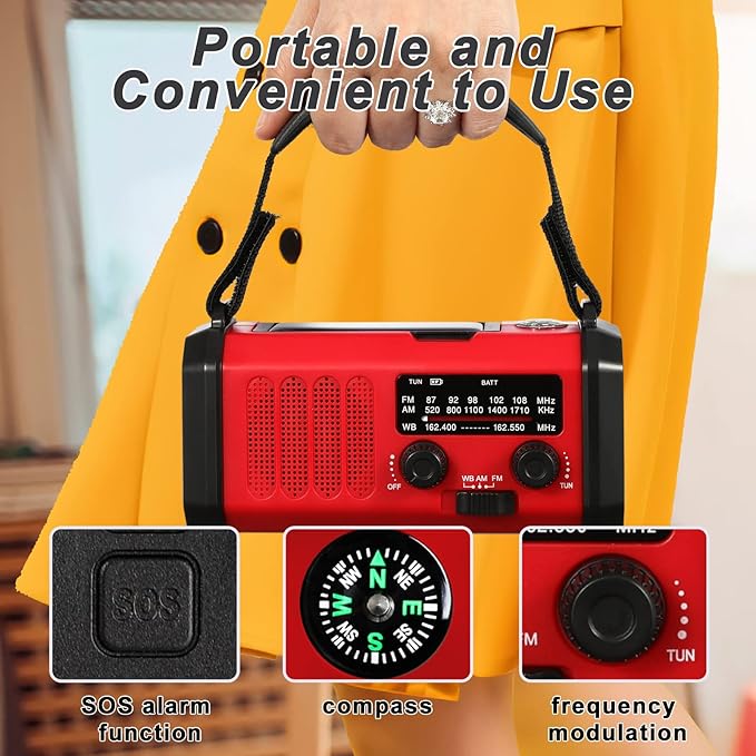 Emergency Crank Radio10000mAh/37000mWh AM/FM/NOAA Weather Radio , Solar/Hand Crank/USB Charging, LED Flashlight and Cell Phone Charger for Christmas gifts Outdoor, Camping & Home Emergencies