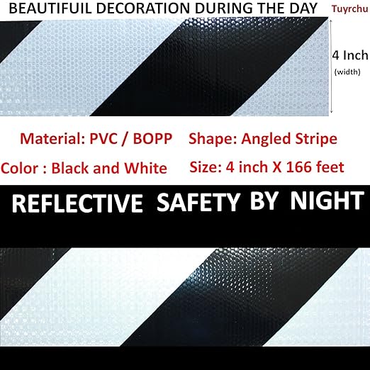 Black White Reflective Tape 4 inch X 166 feet, Outdoor Waterproof Hazard Conspicuity Safety Industrial Marking Tape