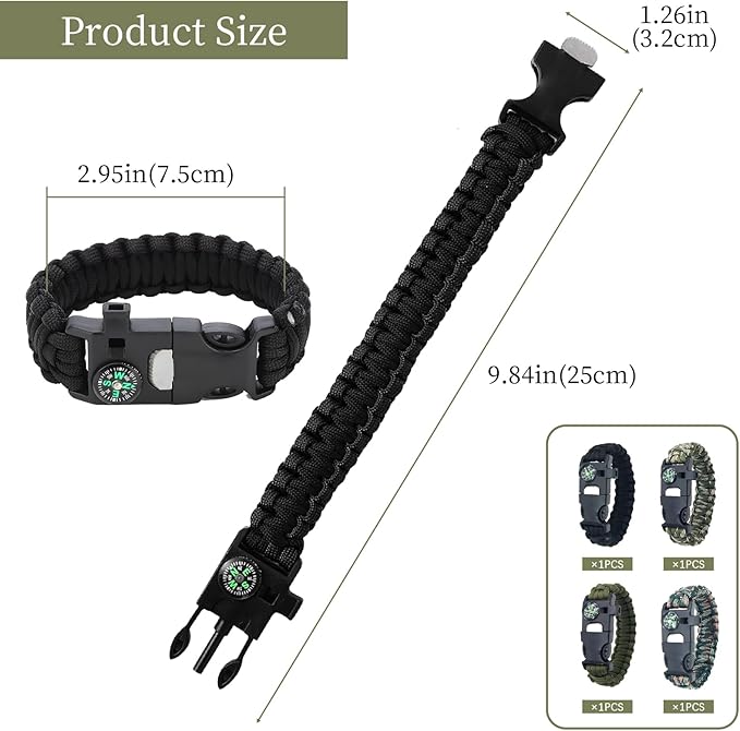 Survival Bracelets 4-Pack | 5-in-1 Paracord Bracelet Set with Fire Starter, Compass & Whistle | Emergency Outdoor Gear for Camping, Hiking