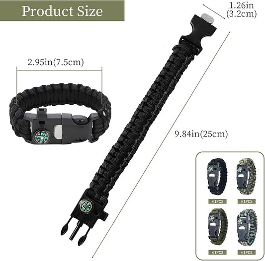 Survival Bracelets 4-Pack | 5-in-1 Paracord Bracelet Set with Fire Starter, Compass & Whistle | Emergency Outdoor Gear for Camping, Hiking