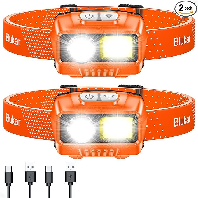 Blukar LED Headlamp,2000L Super Bright Rechargeable Headlight Flashlight with White&Red Light 2 Pack - Motion Sensor,Dimmable Brightness,8 Modes,Spotlight&Floodlight,IPX5 Waterproof for Camping-Orange