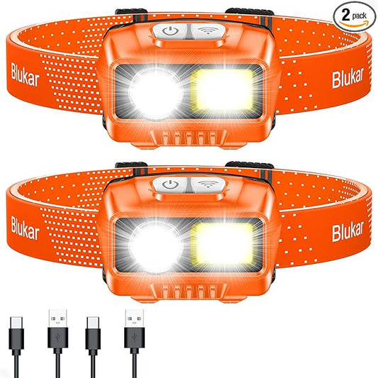 Blukar LED Headlamp,2000L Super Bright Rechargeable Headlight Flashlight with White&Red Light 2 Pack - Motion Sensor,Dimmable Brightness,8 Modes,Spotlight&Floodlight,IPX5 Waterproof for Camping-Orange