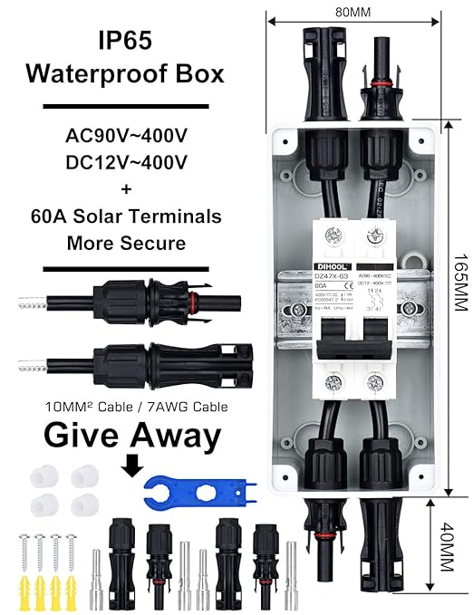 DIHOOL 60 Amp Solar Disconnect Switch, dc Circuit Breaker with Cover, Outdoor Miniature Circuit Breaker with din Rail Enclosure