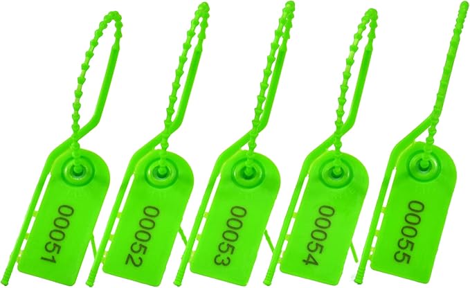 100 Plastic Security Seals Numbered Zip Ties Pull Tite Safety Tags Tear-Off Security Tags Secure Anti-Tamper Tags for Fire Extinguisher, Clothes, Bags (Green)