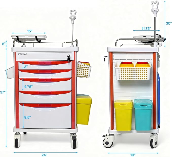 Pochar Medical Crash Cart with Emergency Accessory - Cardiac Board, IV Pole, O2 Holder, Power Strip, Trash Bin, Drawers with Dividers - Mobile Emergency Cart for Hospitals and Clinics