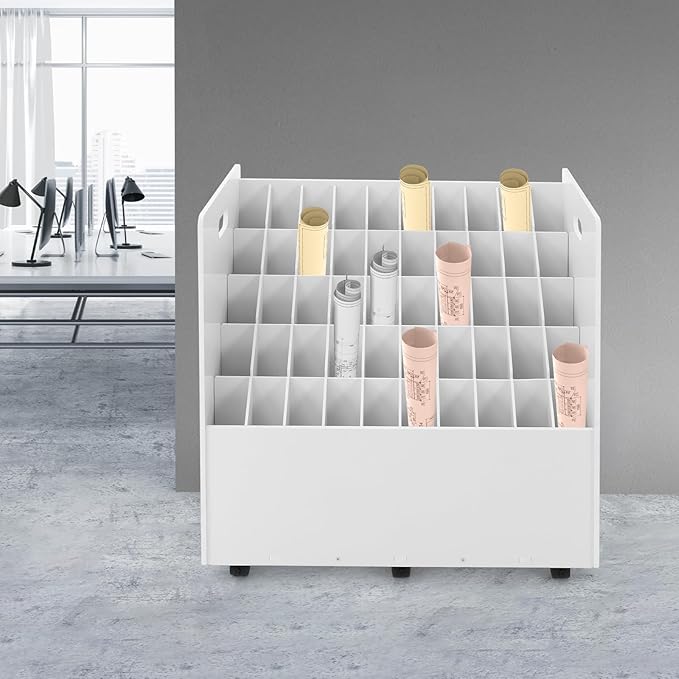 Blue Print Storage Organizer, 50 Slot Mobile Roll File Cart, Construction Plan Holders, Blueprint Cabinet with Wheels for Office Home Library
