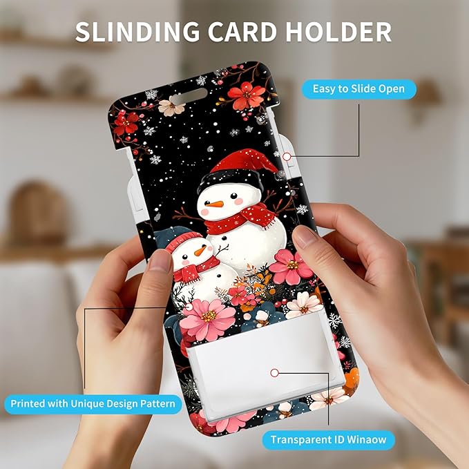 ID Badge Holder with Retractable Lanyard for Women & Men,Vertical ID Card Holder Wallet,Clear Window&Card Slot,Detachable Neck Strap for Nurse Teacher Office,Snowman Family Blossom
