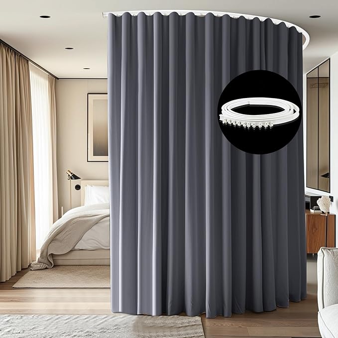 Room Divider Ceiling Mounted Curtains Track Sets Extra Wide Blackout Curtain Flexible Tracks for Bedroom Privacy Partition Separator, 1 Panel Grey Drape and White Rail, W10 x H9ft