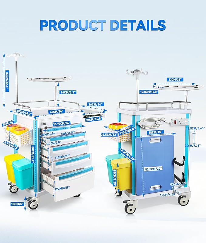 Medical Medical Rolling Crash Cart with CPR Board, IV Pole, O₂ Holder, 5 Drawers & Dividers, Mobile Emergency Cart for Hospital Clinic, 24.4" W x 18.5" D x 36.2" H (with 5 Drawers)