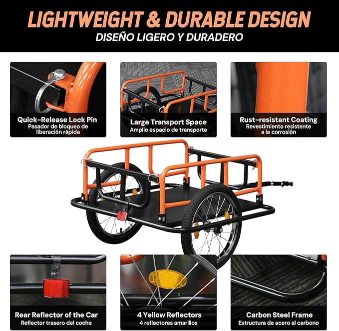 SEKAM Bike Cargo Trailer, 198 lbs Load Capacity, Foldable Bicycle Trailer with Reflectors & Universal Hitch, Heavy-Duty Utility Bike Cart for Camping & Shopping (Orange)