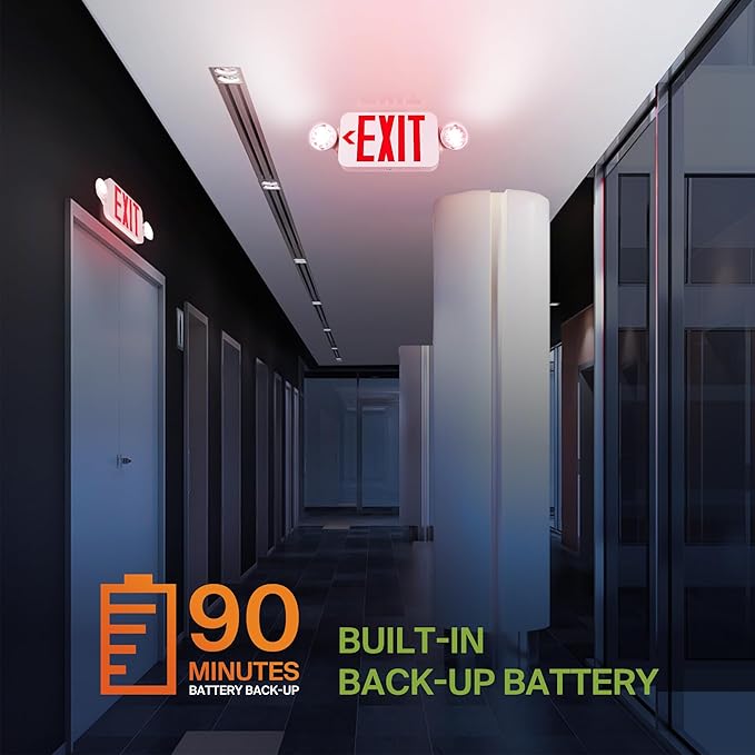 ASD LED Exit Sign with Battery Backup & Round Rotatable Heads - 120-277V UL 2.2W Double Face Emergency Exit Light for Business, Commercial Damp Location Power Outage Lights, Red