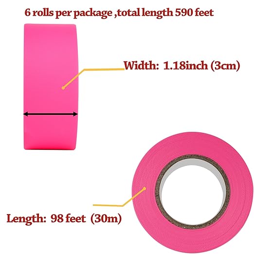 GEYYANG Flagging Tape,3.35 Mil Thick,6 Assorted Colors,1-3/16" x 98ft(Total 590ft) - Neon Marking Tape for Survey Boundaries, Trees and Hazardous Areas - Weatherproof and Fade-Resistant