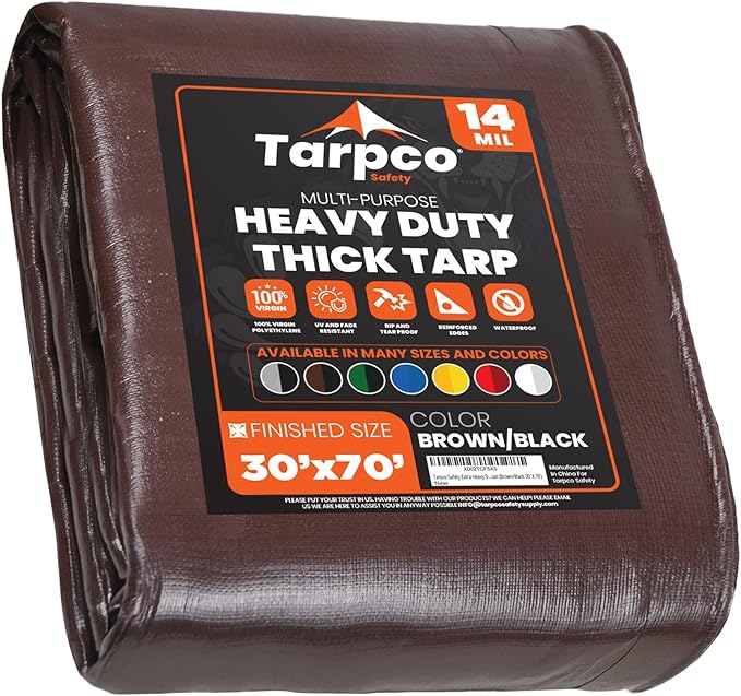 Tarpco Safety Extra Heavy Duty 14 Mil Tarp Cover, Waterproof, UV Resistant, Rip and Tear Proof, Poly Tarpaulin with Reinforced Edges for Roof, Camping, Patio, Pool, Boat (Brown/Black 30′ X 70′)