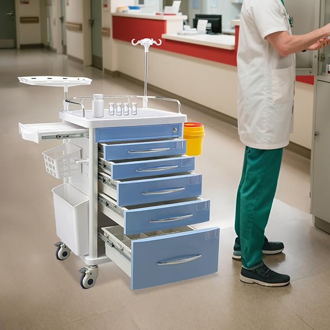 Rolling Crash Cart with Drawers & Adjustable IV Pole, Silent Casters, Needle Disposal Holder, Trash Bin, O2 Holder, Utility Trolley Cart for Clinic, Hospital, Salon, Lab, Load 176 Lbs (Blue)
