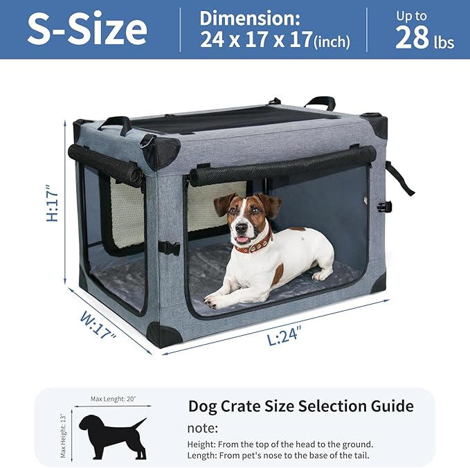 NEZUC Soft Collapsible Dog Crate - 24 Inch Portable Soft Sided Travel Dog Crates for Small Dogs, 4-Door Foldable Dog Carrier, Pet Kennel Indoor & Outdoor (Gray, 24.0" L x 17.0" W x 17.0" H)