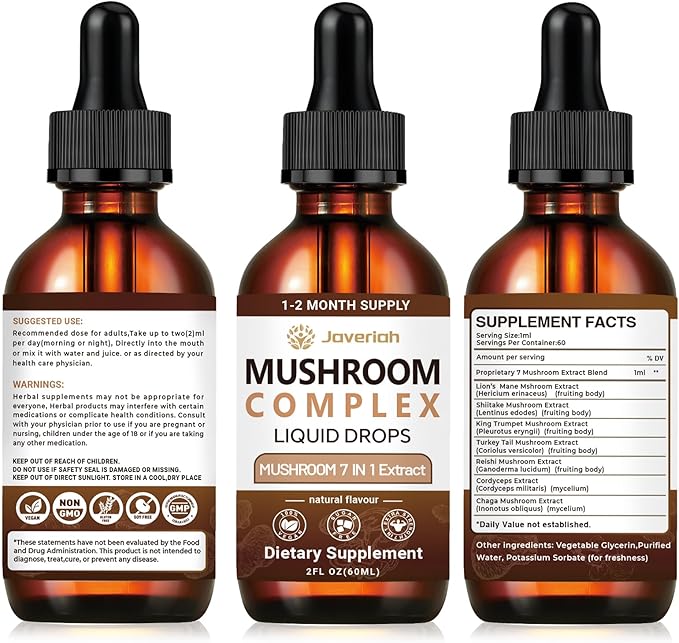 Mushroom Complex Liquid Drops Supplement with Lion's Mane, Shiitake, King Trumpet, Turkey Tail, Reishi, Cordyceps & Chaga,7 in 1 Mushrooms Complex Blend Tincture 2 fl oz