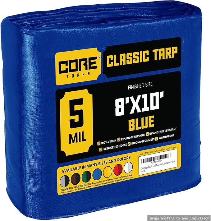 Core Tarps Classic 5 Mil Tarp Cover, Waterproof, UV Resistant, Rip and Tear Proof, Poly Tarpaulin with Reinforced Edges for Roof, Camping, Patio, Pool Cover, Boat (Blue 8′ X 10′)