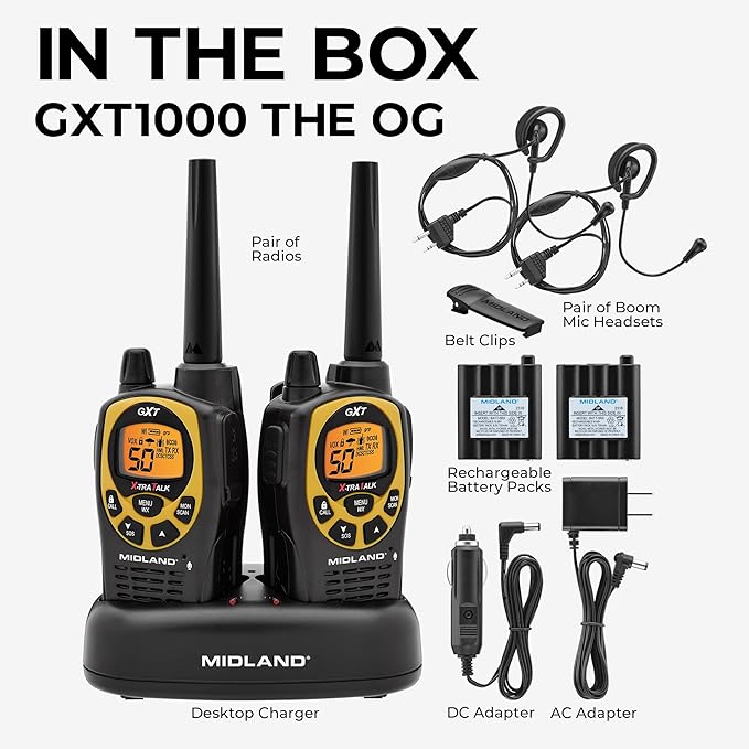 Midland GXT1030VP4 GMRS Two-Way Radio (50-Channel, Long Range, 142 Privacy Codes, SOS, NOAA, Rechargeable Nickel Battery, Black/Yellow, 2-Pack)