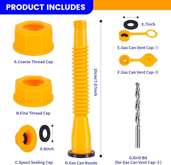 Gas Can Nozzle Replacement Set - 1/2/5/10 Gallon, Leak-Proof Spouts with Flexible Nozzles, Screw Collar Caps, Spout Cover, Base Cap, Drill Bit