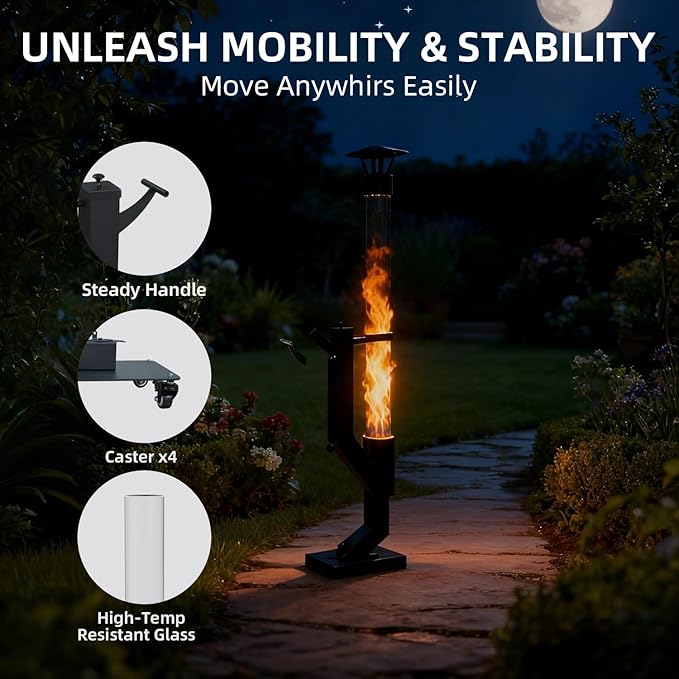 Wood Pellet Patio pit, Portable Gravity Feed Outdoor Heater with Glass Tube Flame, Smokeless Non-Electric Rocket Stove for Backyard, Deck, Camping & RV (Black) (61")