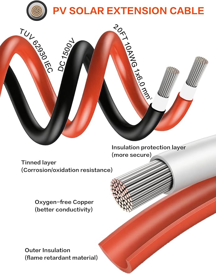 20Feet 10AWG Solar Extension Cable with Female & Male Connectors 6mm Solar Panel Weatherproof Wires for Solar Panels RV Marine Camper Ferry Black & Red PV Tinned Copper Extension Cord Kit