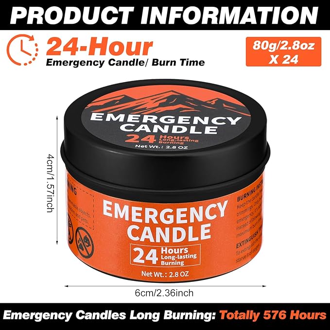 Chuarry 24 Pcs Emergency Candle Bulk 24 Hours Long Burning Survival Soy Wax Candles for Power Outages Camping Hunting Outdoor Activities (Black)