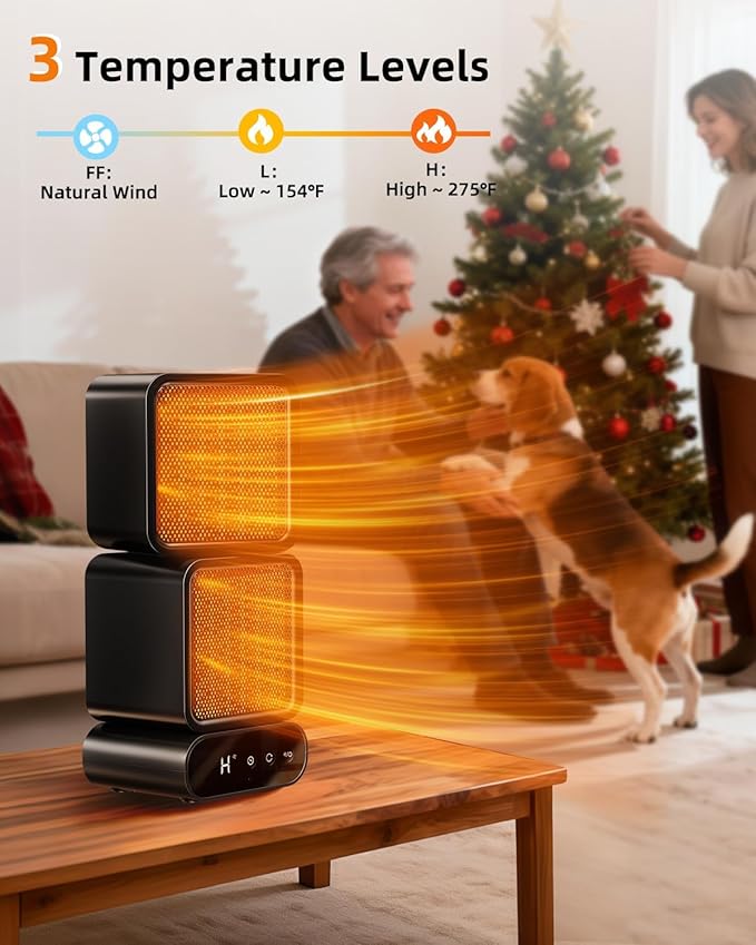 Portable Dual-Head Space Heater, 270° Manual Rotation, Auto Oscillation 45°/90°/120°, Energy Efficient Desktop Heater with Remote, 3 Modes, 5 Timer for Indoor Office Home Bedroom Use