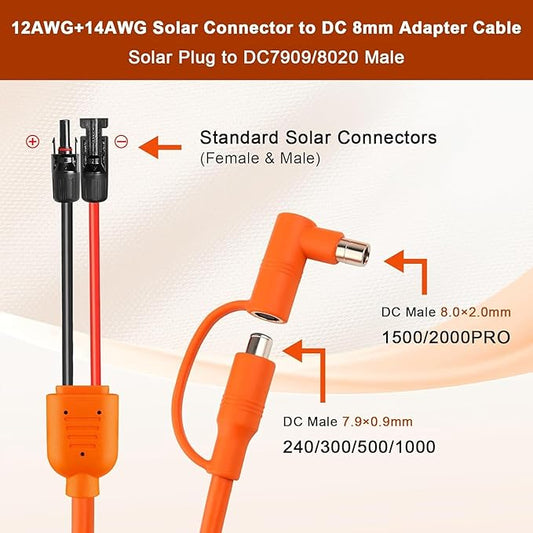 Solar to DC 8mm Charge Extension Cable 35FT,12AWG+14AWG Solar Cable with Solar Panel Connector to DC7909/8020 Compatible with Anker,GZ Yeti,BLUETT,Jackery Portable Power Station