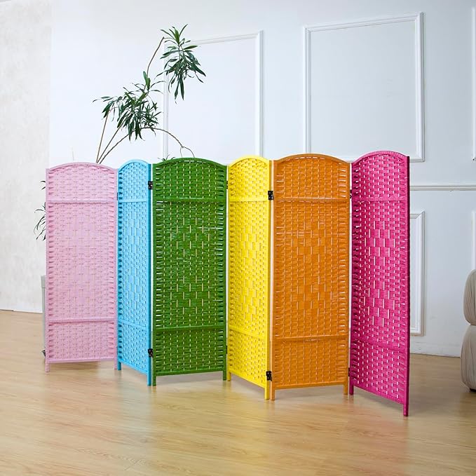 6 Panel Rattan Divider Short Room Partition Screen,Double Sided Folding Divider for Room Separation,Colorful,47.2" H x 94.5" W