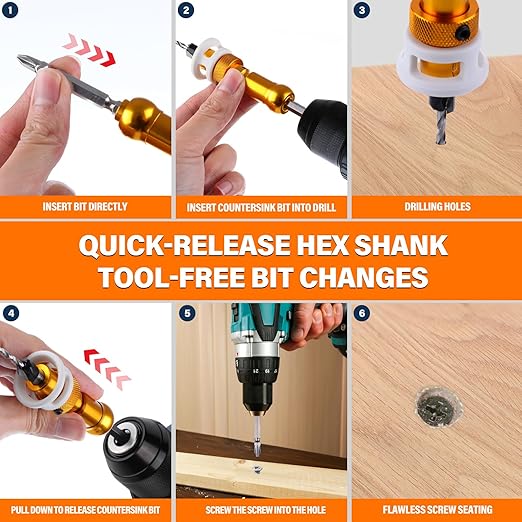 Countersink Drill Bits Set with Depth Stop (1/8", 9/64", 5/32",3/8”,1/2”), Quick Change Hex Shank Countersink Drill with Phillips Bit for Wood, Plastic, Woodworking