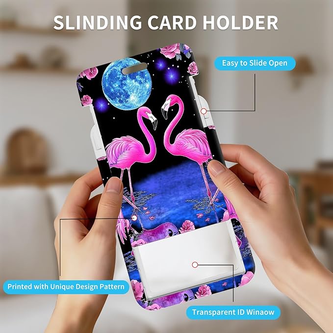 ID Badge Holder with Retractable Lanyard for Women & Men,Vertical ID Card Holder Wallet,Clear Window&Card Slot,Detachable Neck Strap for Nurse Teacher Office,Pink Flamingos