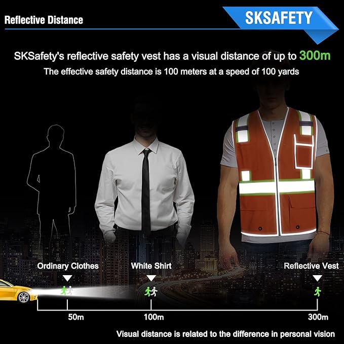 SKSAFETY 10 Pockets Safety Vest, Class 2 High Visibility Security with Zipper Double-sided mesh, Hi Vis Vest with Reflective Strips, ANSI/ISEA Standard, Construction Work Vest （Orange, 5XL）