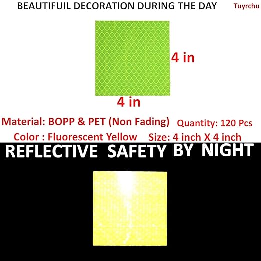 Fluorescent Reflective Stickers 4 inch X 4 inch, Outdoor Waterproof High Visibility Warning Safety Adhesive Reflector (120 Pcs)