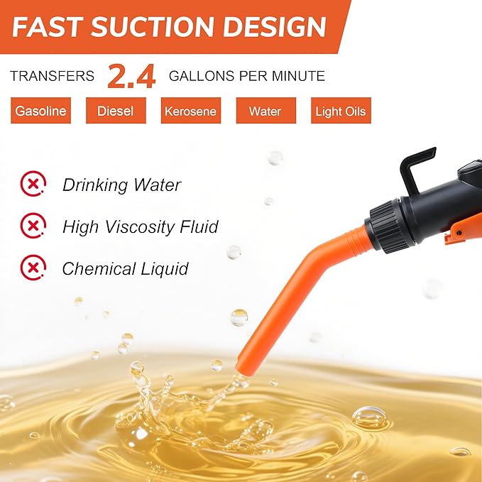 Portable Fuel Transfer Pump, Battery Powered Siphon Pump for Gasoline, Fuel, Gas, Diesel, Water Transfer, 2.4 GPM Flow Oil Extractor with Powerful Suction Ergonomic Nozzle 46.3 Inches Hose