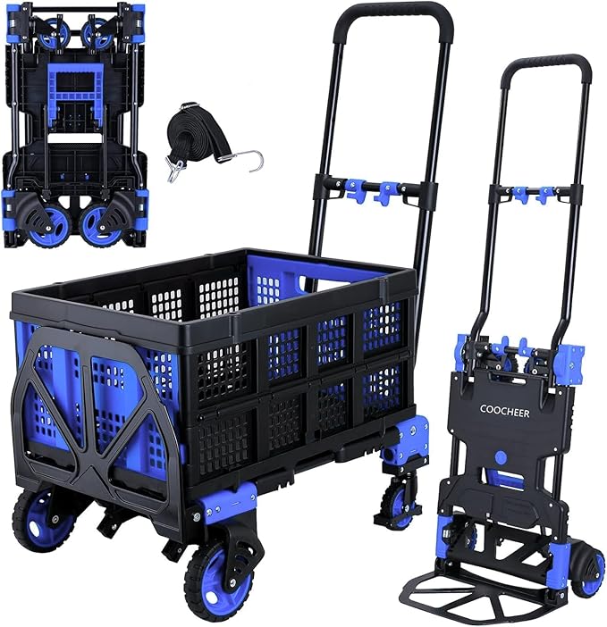2-in-1 Folding Hand Truck Dolly with Basket, 330LB Load Carrying, Foldable Dolly with Retractable Handle and 4 Rubber Wheels, Portable Hand Cart for Moving/Travel/Office(Blue Upgrated)