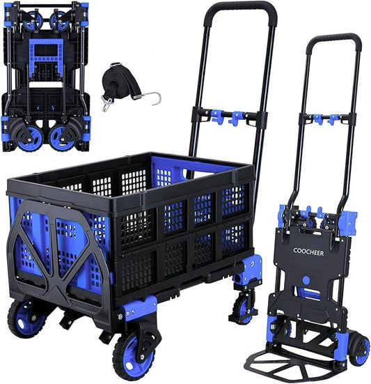 2-in-1 Folding Hand Truck Dolly with Basket, 330LB Load Carrying, Foldable Dolly with Retractable Handle and 4 Rubber Wheels, Portable Hand Cart for Moving/Travel/Office(Blue Upgrated)