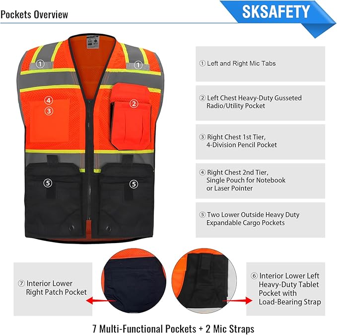 SKSAFETY 10 Pockets Professional level Safety Vest, Class 2 High Visibility Security Vest with Zipper, Hi Vis Vest with Reflective Strips, ANSI/ISEA Standard, Construction Work Vest（Orange Black, XL）