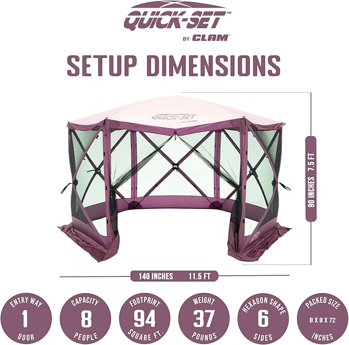 CLAM Pop-Up Screen Tent, 11.5' Outdoor Camping Gazebo, Portable 6-Sided Canopy with Ground Stakes & Carry Bag, Escape, Plum