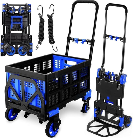 2-in-1Hand Truck Dolly Foldable with Folding Basket, 330LB Folding Hand Truck Heavy Duty Carrying, Combination of 4 Wheels and 2 Wheels Convertible Dolly Cart with Retractable Handle Cart for Moving