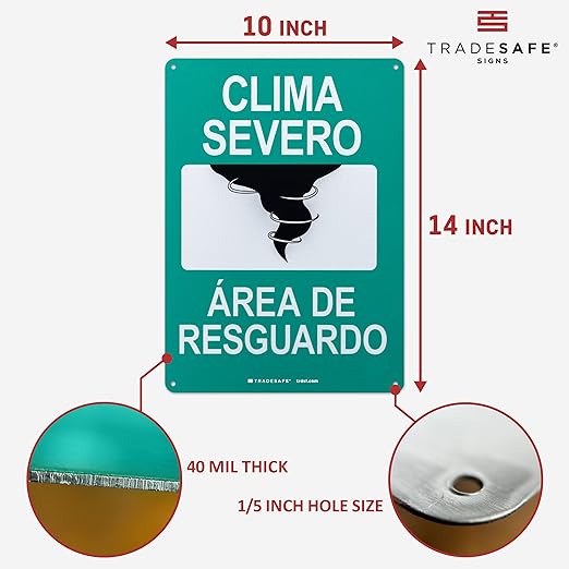 TRADESAFE Severe Weather Shelter Area Sign - Clima Severo, Área De Resguardo Spanish Sign, Quick Install, Light Reflective, UV-Resistant, Waterproof, 10” X 14” Aluminum Safety Signs