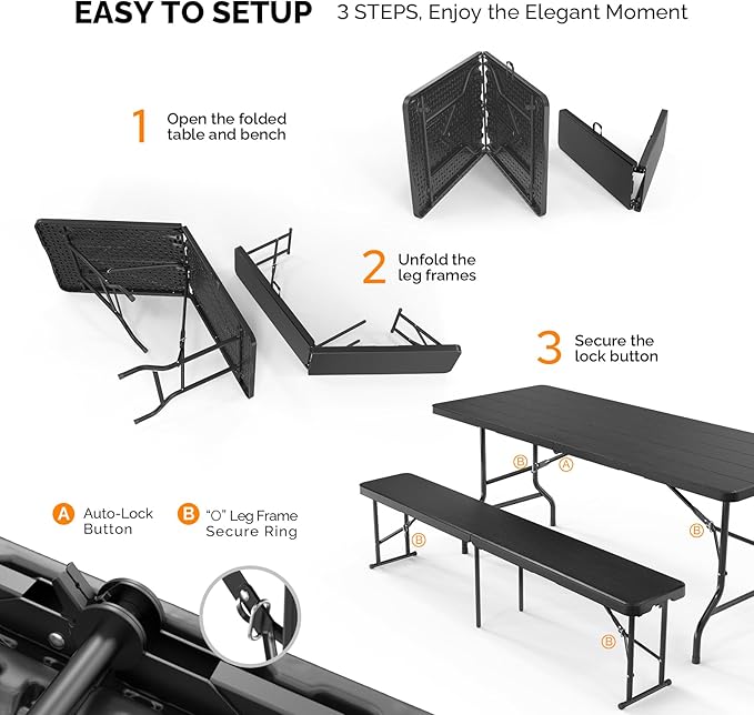 VINGLI Picnic Table Set with 2 Benches, 6 Feet Camping Table Chair Set, 3-Piece Folding Furniture for Indoor or Outdoor Use, Tree Patterned HDPE Tabletop, Black
